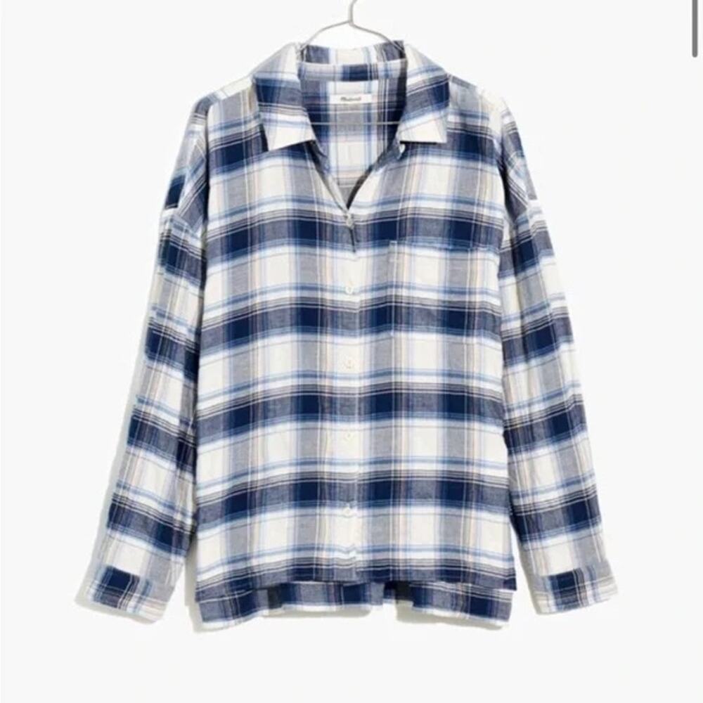 Madewell Hartfield Flannel Plaid Shirt M White Blue Peach Boxy Side Slit Button